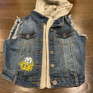 Michigan Wolverines Blue Distressed Denim Vest with Gray Hood